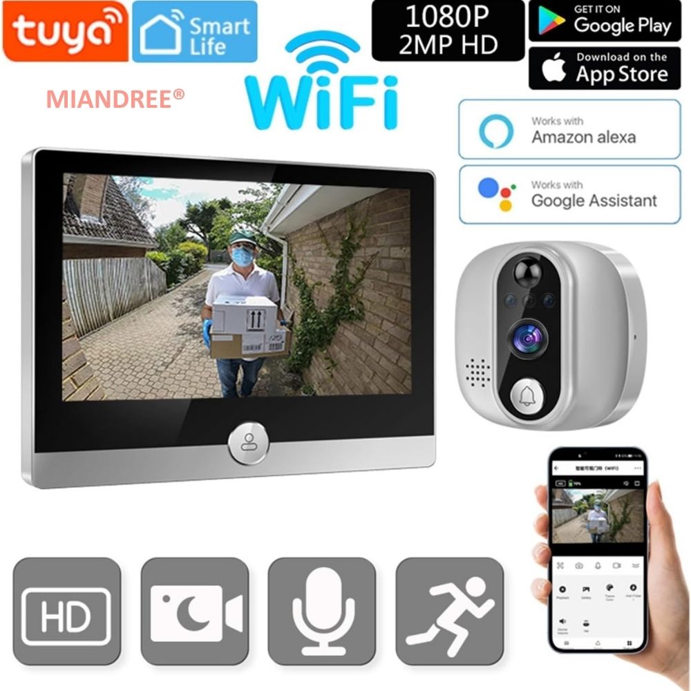 Vizor Electronic Inteligent Wi-Fi, MIANDREE®, Camera 1080P HD, Ecran LCD 4.3 Inch, Senzor Miscare, Audio Bidirectional, Vizualizare Nocturna, Aplicatie Telefon Android/iOS, Baterie Reincarcabila 5000mAh, Instalare Usoara, Supraveghere Sigura, Argintiu