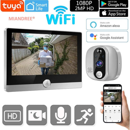 Vizor Electronic Inteligent Wi-Fi, MIANDREE®, Camera 1080P HD, Ecran LCD 4.3 Inch, Senzor Miscare, Audio Bidirectional, Vizualizare Nocturna, Aplicatie Telefon Android/iOS, Baterie Reincarcabila 5000mAh, Instalare Usoara, Supraveghere Sigura, Argintiu