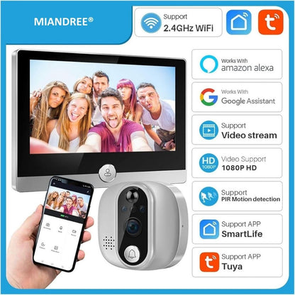 Vizor Electronic Inteligent Wi-Fi, MIANDREE®, Camera 1080P HD, Ecran LCD 4.3 Inch, Senzor Miscare, Audio Bidirectional, Vizualizare Nocturna, Aplicatie Telefon Android/iOS, Baterie Reincarcabila 5000mAh, Instalare Usoara, Supraveghere Sigura, Argintiu