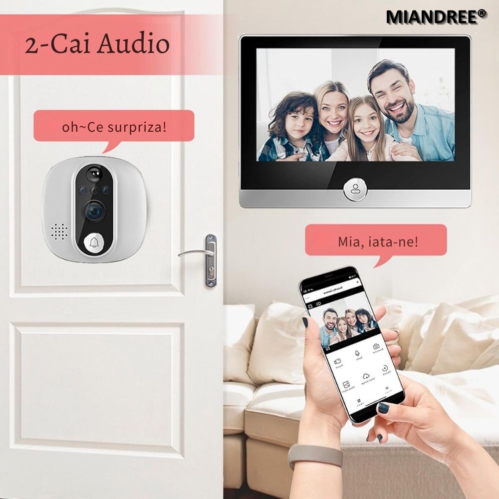 Vizor Electronic Inteligent Wi-Fi, MIANDREE®, Camera 1080P HD, Ecran LCD 4.3 Inch, Senzor Miscare, Audio Bidirectional, Vizualizare Nocturna, Aplicatie Telefon Android/iOS, Baterie Reincarcabila 5000mAh, Instalare Usoara, Supraveghere Sigura, Argintiu