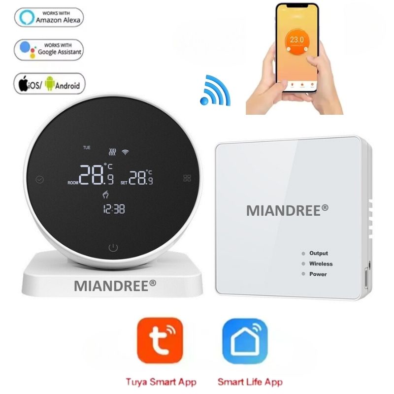 Termostat Smart RF Wireless MIANDREE®, Programabil, Compatibil Orice Centrala Termica si Incalzire Pardoseala, Touchscreen, Control prin Telefon/Internet, Tuya Smart Life, Alexa, Google Home, Kit cu Receiver, Alb