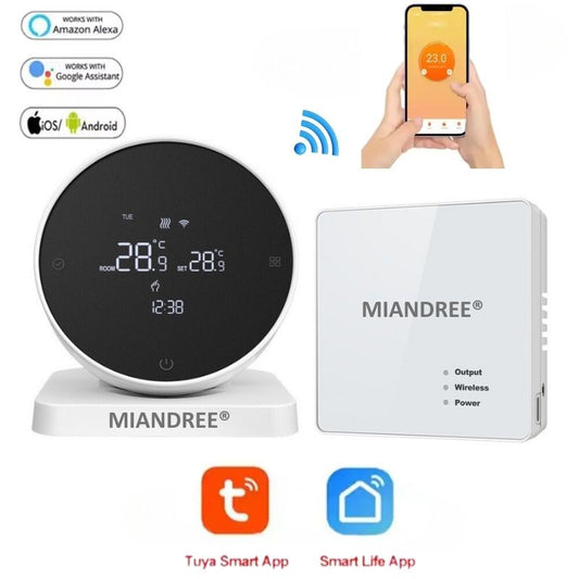 Termostat Smart RF Wireless MIANDREE®, Programabil, Compatibil Orice Centrala Termica si Incalzire Pardoseala, Touchscreen, Control prin Telefon/Internet, Tuya Smart Life, Alexa, Google Home, Kit cu Receiver, Alb