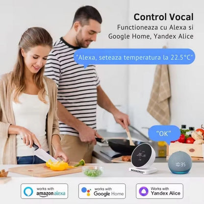 Termostat Smart RF Wireless MIANDREE®, Programabil, Compatibil Orice Centrala Termica si Incalzire Pardoseala, Touchscreen, Control prin Telefon/Internet, Tuya Smart Life, Alexa, Google Home, Kit cu Receiver, Alb