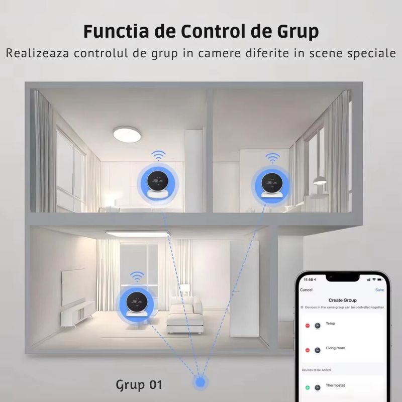 Termostat Smart RF Wireless MIANDREE®, Programabil, Compatibil Orice Centrala Termica si Incalzire Pardoseala, Touchscreen, Control prin Telefon/Internet, Tuya Smart Life, Alexa, Google Home, Kit cu Receiver, Alb