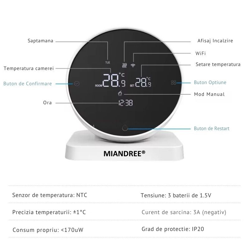 Termostat Smart RF Wireless MIANDREE®, Programabil, Compatibil Orice Centrala Termica si Incalzire Pardoseala, Touchscreen, Control prin Telefon/Internet, Tuya Smart Life, Alexa, Google Home, Kit cu Receiver, Alb
