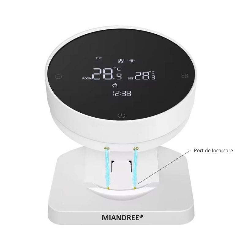 Termostat Smart RF Wireless MIANDREE®, Programabil, Compatibil Orice Centrala Termica si Incalzire Pardoseala, Touchscreen, Control prin Telefon/Internet, Tuya Smart Life, Alexa, Google Home, Kit cu Receiver, Alb