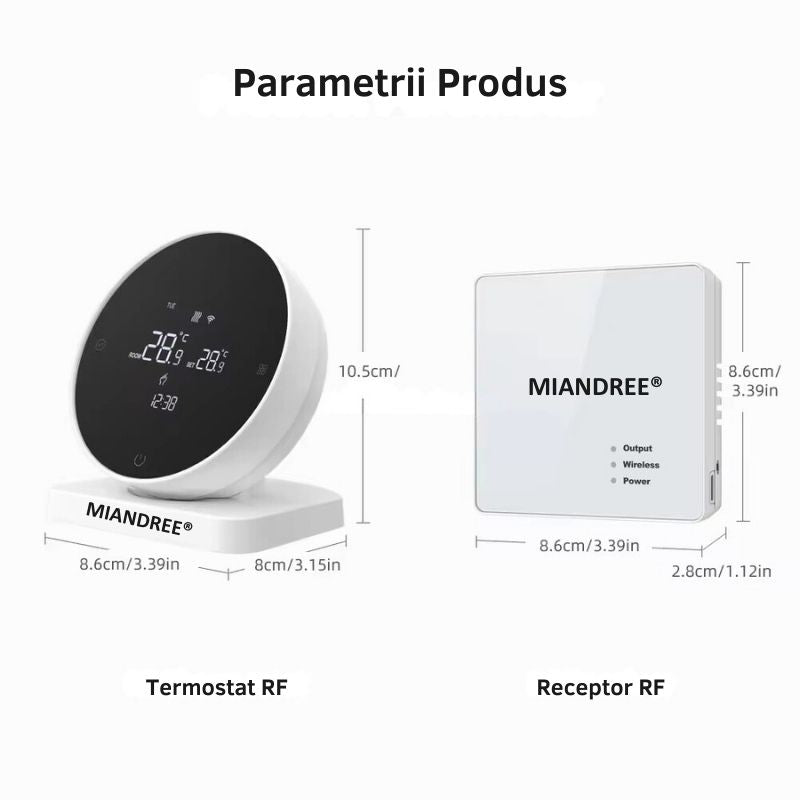 Termostat Smart RF Wireless MIANDREE®, Programabil, Compatibil Orice Centrala Termica si Incalzire Pardoseala, Touchscreen, Control prin Telefon/Internet, Tuya Smart Life, Alexa, Google Home, Kit cu Receiver, Alb