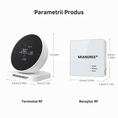 Termostat Smart RF Wireless MIANDREE®, Programabil, Compatibil Orice Centrala Termica si Incalzire Pardoseala, Touchscreen, Control prin Telefon/Internet, Tuya Smart Life, Alexa, Google Home, Kit cu Receiver, Alb