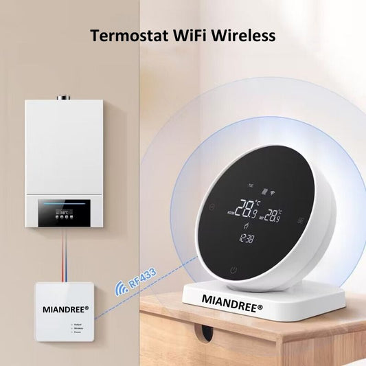 Termostat Smart RF Wireless MIANDREE®, Programabil, Compatibil Orice Centrala Termica si Incalzire Pardoseala, Touchscreen, Control prin Telefon/Internet, Tuya Smart Life, Alexa, Google Home, Kit cu Receiver, Alb