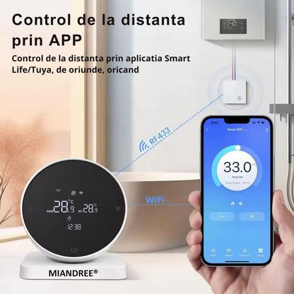Termostat Smart RF Wireless MIANDREE®, Programabil, Compatibil Orice Centrala Termica si Incalzire Pardoseala, Touchscreen, Control prin Telefon/Internet, Tuya Smart Life, Alexa, Google Home, Kit cu Receiver, Alb