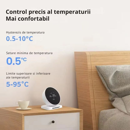 Termostat Smart RF Wireless MIANDREE®, Programabil, Compatibil Orice Centrala Termica si Incalzire Pardoseala, Touchscreen, Control prin Telefon/Internet, Tuya Smart Life, Alexa, Google Home, Kit cu Receiver, Alb