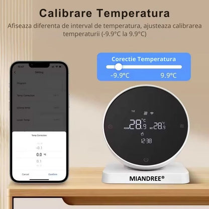 Termostat Smart RF Wireless MIANDREE®, Programabil, Compatibil Orice Centrala Termica si Incalzire Pardoseala, Touchscreen, Control prin Telefon/Internet, Tuya Smart Life, Alexa, Google Home, Kit cu Receiver, Alb