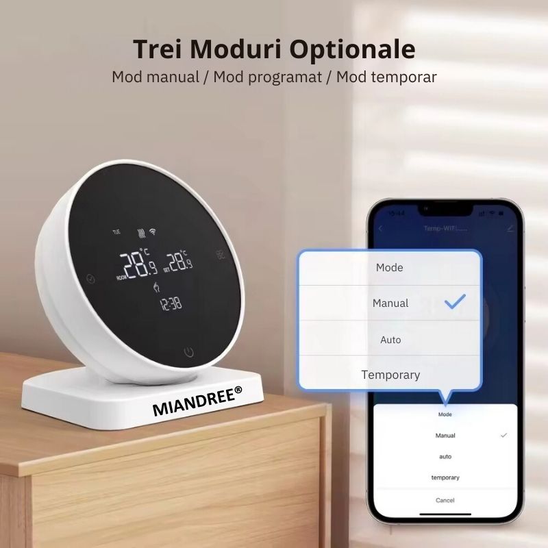 Termostat Smart RF Wireless MIANDREE®, Programabil, Compatibil Orice Centrala Termica si Incalzire Pardoseala, Touchscreen, Control prin Telefon/Internet, Tuya Smart Life, Alexa, Google Home, Kit cu Receiver, Alb