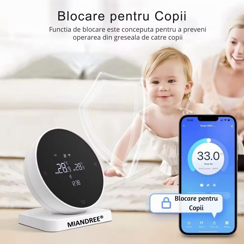 Termostat Smart RF Wireless MIANDREE®, Programabil, Compatibil Orice Centrala Termica si Incalzire Pardoseala, Touchscreen, Control prin Telefon/Internet, Tuya Smart Life, Alexa, Google Home, Kit cu Receiver, Alb