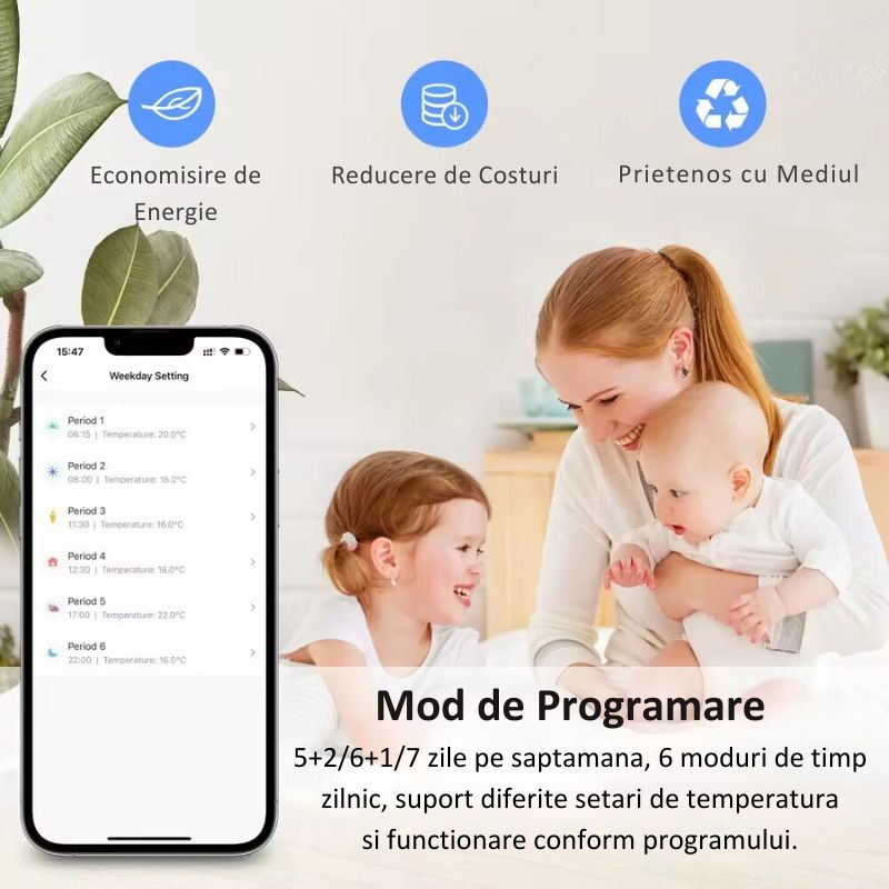 Termostat Smart RF Wireless MIANDREE®, Programabil, Compatibil Orice Centrala Termica si Incalzire Pardoseala, Touchscreen, Control prin Telefon/Internet, Tuya Smart Life, Alexa, Google Home, Kit cu Receiver, Alb