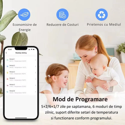 Termostat Smart RF Wireless MIANDREE®, Programabil, Compatibil Orice Centrala Termica si Incalzire Pardoseala, Touchscreen, Control prin Telefon/Internet, Tuya Smart Life, Alexa, Google Home, Kit cu Receiver, Alb