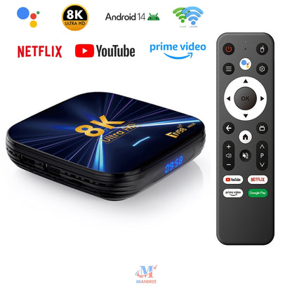 Smart TV Box MIANDREE, 8K, 4K UHD, Android 14, Wi-Fi 6, Bluetooth 5.4, 64GB, Telecomanda Bluetooth cu Comanda Vocala