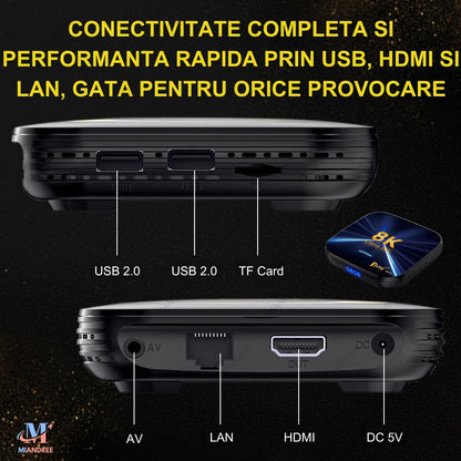 Smart TV Box MIANDREE, 8K, 4K UHD, Android 14, Wi-Fi 6, Bluetooth 5.4, 64GB, Telecomanda Bluetooth cu Comanda Vocala