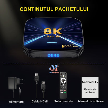Smart TV Box MIANDREE, 8K, 4K UHD, Android 14, Wi-Fi 6, Bluetooth 5.4, 64GB, Telecomanda Bluetooth cu Comanda Vocala