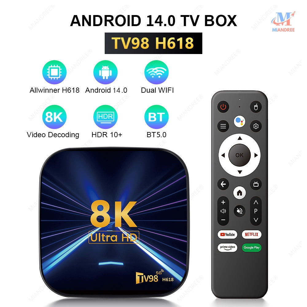 Smart TV Box MIANDREE, 8K, 4K UHD, Android 14, Wi-Fi 6, Bluetooth 5.4, 64GB, Telecomanda Bluetooth cu Comanda Vocala