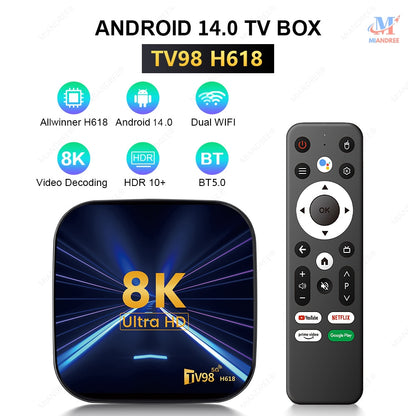 Smart TV Box MIANDREE, 8K, 4K UHD, Android 14, Wi-Fi 6, Bluetooth 5.4, 64GB, Telecomanda Bluetooth cu Comanda Vocala