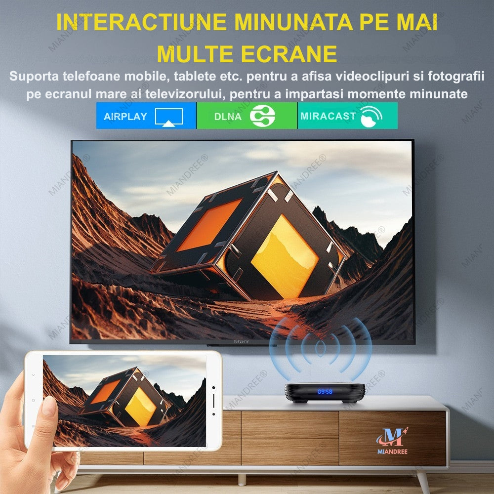 Smart TV Box MIANDREE, 8K, 4K UHD, Android 14, Wi-Fi 6, Bluetooth 5.4, 64GB, Telecomanda Bluetooth cu Comanda Vocala