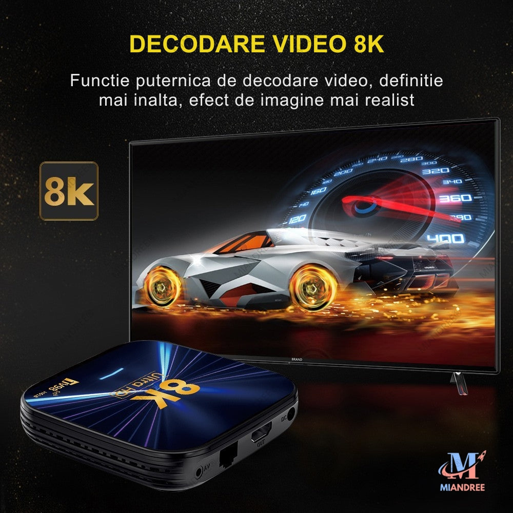 Smart TV Box MIANDREE, 8K, 4K UHD, Android 14, Wi-Fi 6, Bluetooth 5.4, 64GB, Telecomanda Bluetooth cu Comanda Vocala