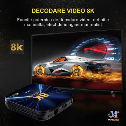 Smart TV Box MIANDREE, 8K, 4K UHD, Android 14, Wi-Fi 6, Bluetooth 5.4, 64GB, Telecomanda Bluetooth cu Comanda Vocala