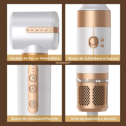 Set Uscator de Par 7 in 1 MIANDREE®, 1400W, Ondulator cu Absorbtie Automata, Difuzor, Perie Indreptare, 3 Viteze, 3 Trepte de Temperatura, 200 Milioane Ioni Negativi pentru Par Stralucitor, 2 Capete Ondulare, Duza Netezire