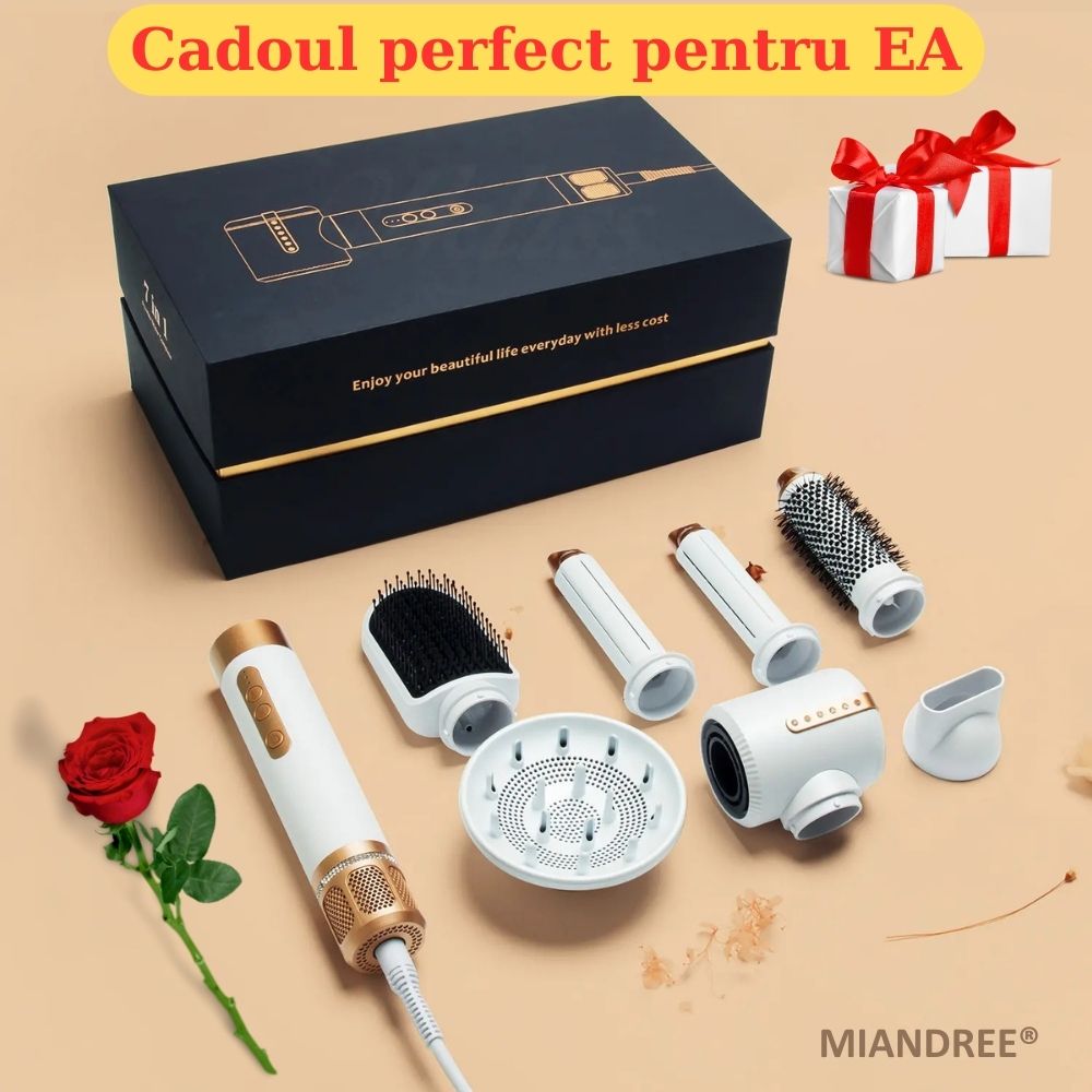 Set Uscator de Par 7 in 1 MIANDREE®, 1400W, Ondulator cu Absorbtie Automata, Difuzor, Perie Indreptare, 3 Viteze, 3 Trepte de Temperatura, 200 Milioane Ioni Negativi pentru Par Stralucitor, 2 Capete Ondulare, Duza Netezire