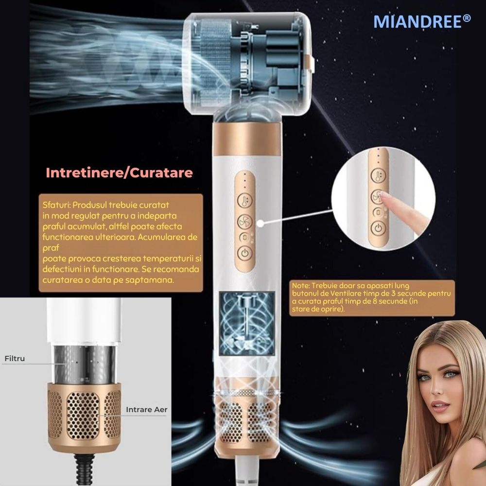 Set Uscator de Par 7 in 1 MIANDREE®, 1400W, Ondulator cu Absorbtie Automata, Difuzor, Perie Indreptare, 3 Viteze, 3 Trepte de Temperatura, 200 Milioane Ioni Negativi pentru Par Stralucitor, 2 Capete Ondulare, Duza Netezire