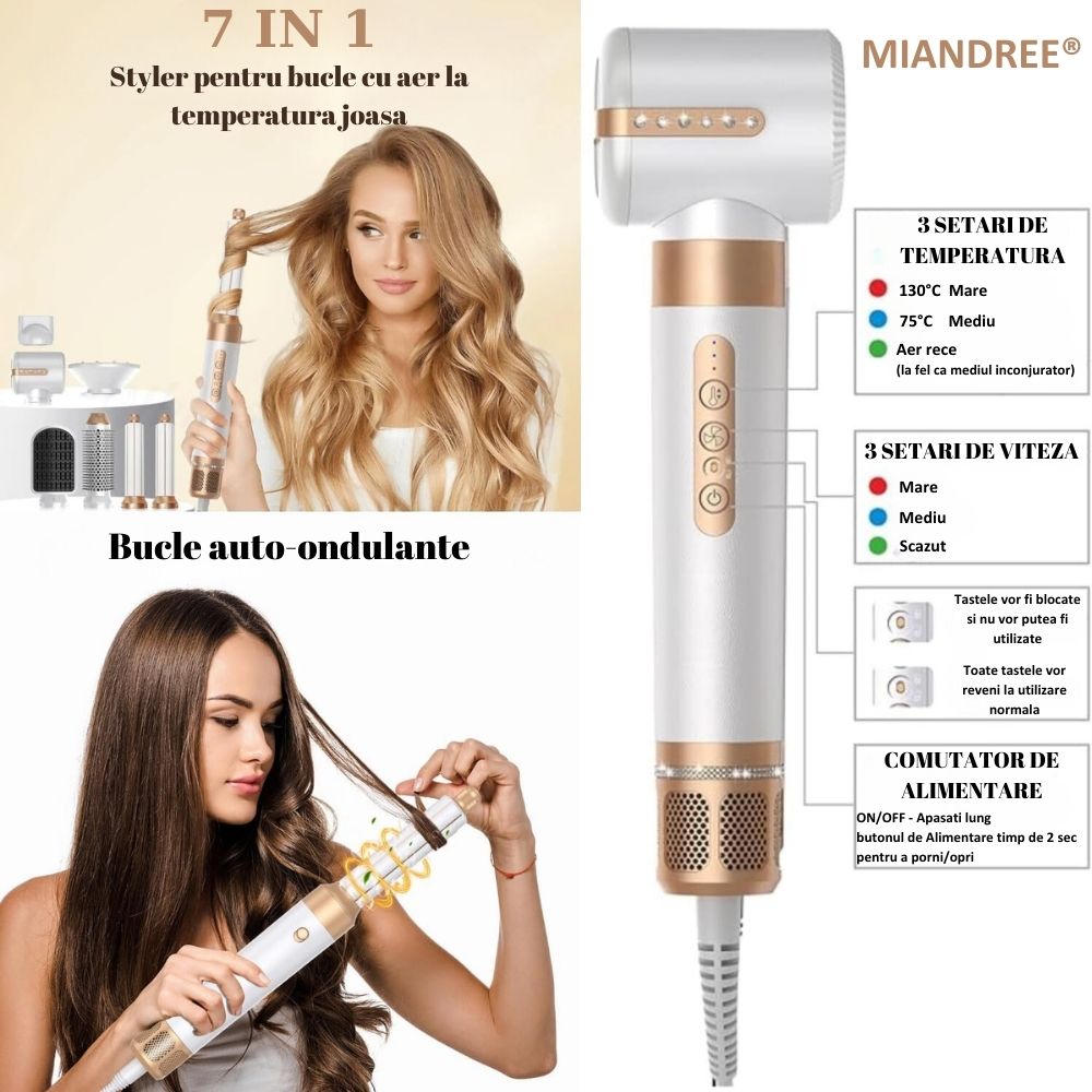 Set Uscator de Par 7 in 1 MIANDREE®, 1400W, Ondulator cu Absorbtie Automata, Difuzor, Perie Indreptare, 3 Viteze, 3 Trepte de Temperatura, 200 Milioane Ioni Negativi pentru Par Stralucitor, 2 Capete Ondulare, Duza Netezire