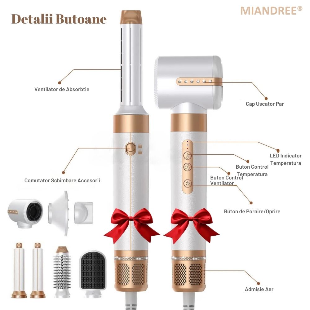 Set Uscator de Par 7 in 1 MIANDREE®, 1400W, Ondulator cu Absorbtie Automata, Difuzor, Perie Indreptare, 3 Viteze, 3 Trepte de Temperatura, 200 Milioane Ioni Negativi pentru Par Stralucitor, 2 Capete Ondulare, Duza Netezire