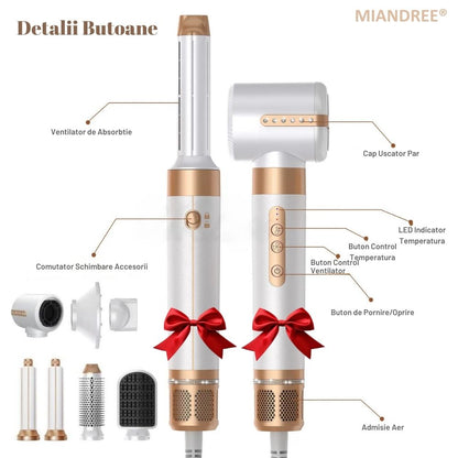 Set Uscator de Par 7 in 1 MIANDREE®, 1400W, Ondulator cu Absorbtie Automata, Difuzor, Perie Indreptare, 3 Viteze, 3 Trepte de Temperatura, 200 Milioane Ioni Negativi pentru Par Stralucitor, 2 Capete Ondulare, Duza Netezire