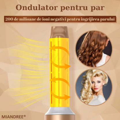 Set Uscator de Par 7 in 1 MIANDREE®, 1400W, Ondulator cu Absorbtie Automata, Difuzor, Perie Indreptare, 3 Viteze, 3 Trepte de Temperatura, 200 Milioane Ioni Negativi pentru Par Stralucitor, 2 Capete Ondulare, Duza Netezire