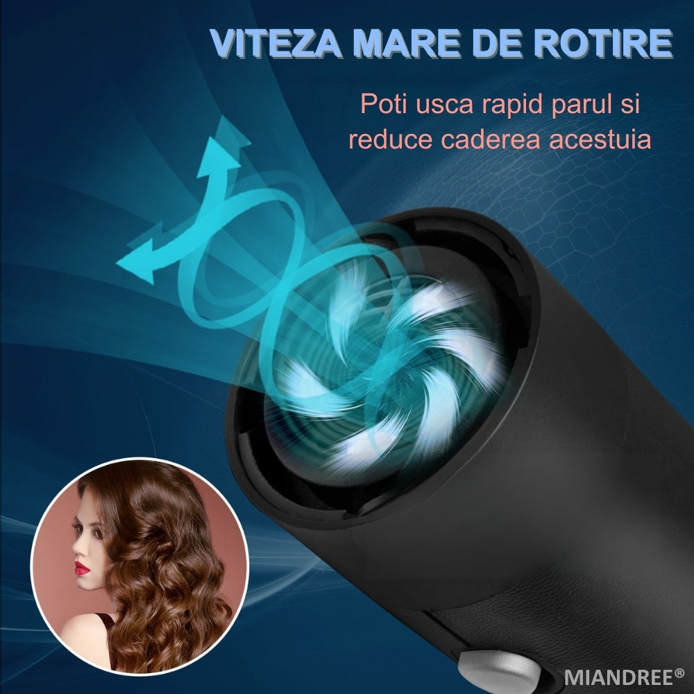 Stylist & Uscator de Par 7 in 1 MIANDREE, 1400W | Ondulator Automat cu Aer, Perie si Difuzor, Negru
