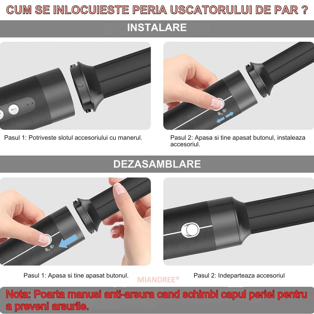 Stylist & Uscator de Par 7 in 1 MIANDREE, 1400W | Ondulator Automat cu Aer, Perie si Difuzor, Negru