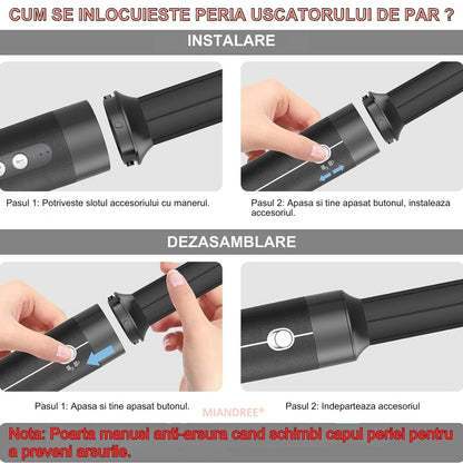 Stylist & Uscator de Par 7 in 1 MIANDREE, 1400W | Ondulator Automat cu Aer, Perie si Difuzor, Negru