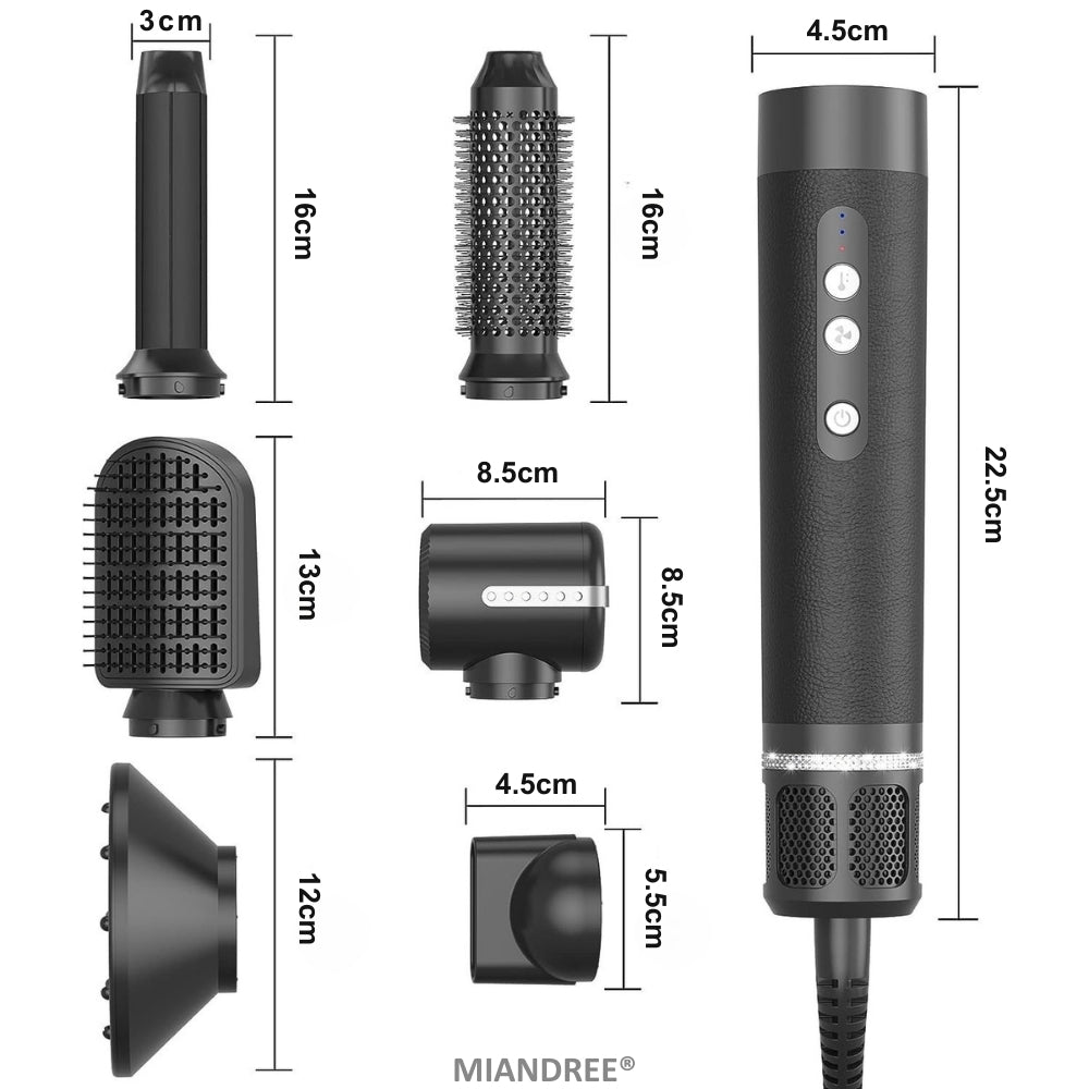 Stylist & Uscator de Par 7 in 1 MIANDREE, 1400W | Ondulator Automat cu Aer, Perie si Difuzor, Negru