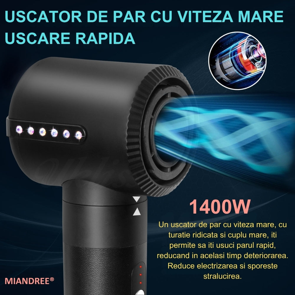 Stylist & Uscator de Par 7 in 1 MIANDREE, 1400W | Ondulator Automat cu Aer, Perie si Difuzor, Negru