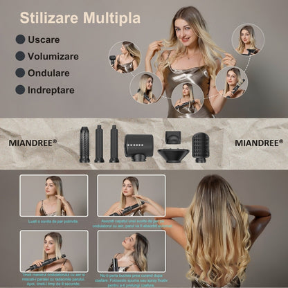 Stylist & Uscator de Par 7 in 1 MIANDREE, 1400W | Ondulator Automat cu Aer, Perie si Difuzor, Negru