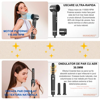 Stylist & Uscator de Par 7 in 1 MIANDREE, 1400W | Ondulator Automat cu Aer, Perie si Difuzor, Negru