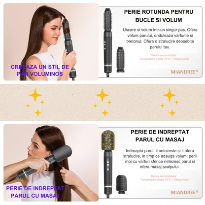 Stylist & Uscator de Par 7 in 1 MIANDREE, 1400W | Ondulator Automat cu Aer, Perie si Difuzor, Negru