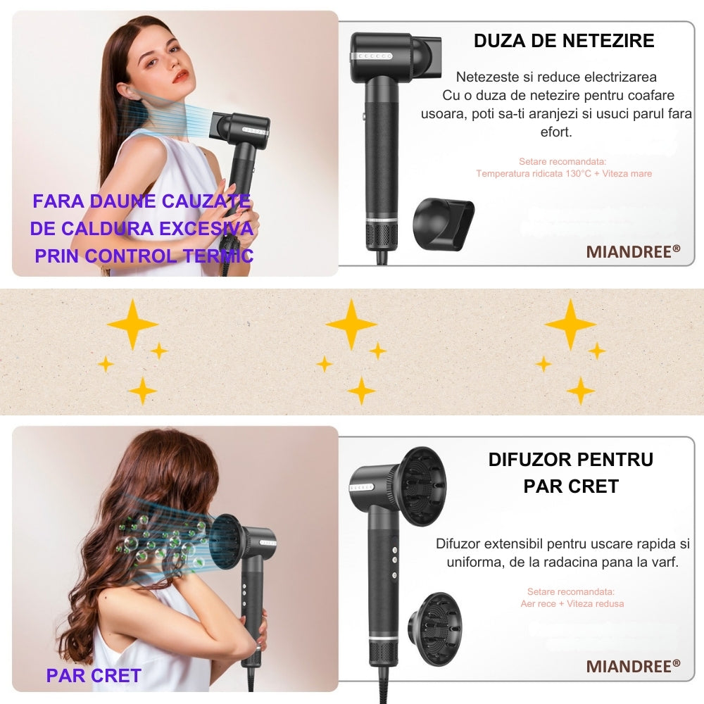 Stylist & Uscator de Par 7 in 1 MIANDREE, 1400W | Ondulator Automat cu Aer, Perie si Difuzor, Negru