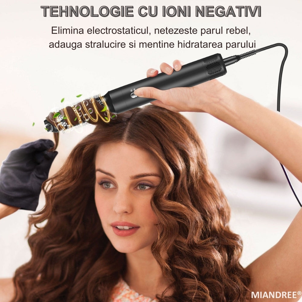 Stylist & Uscator de Par 7 in 1 MIANDREE, 1400W | Ondulator Automat cu Aer, Perie si Difuzor, Negru