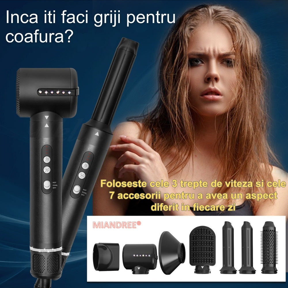 Stylist & Uscator de Par 7 in 1 MIANDREE, 1400W | Ondulator Automat cu Aer, Perie si Difuzor, Negru